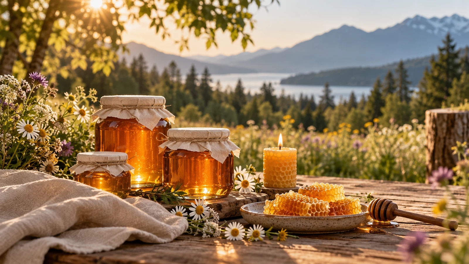 Honey jars, wax candle and linen on an outdoor table, BeeGoods concept