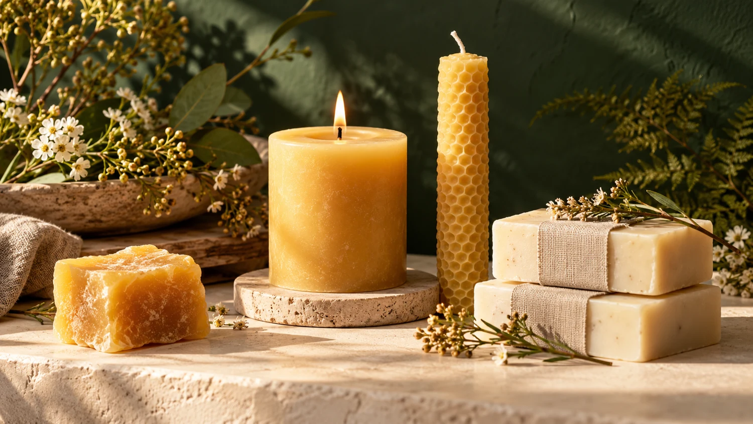 Wax candles, soap and botanicals — collection concept